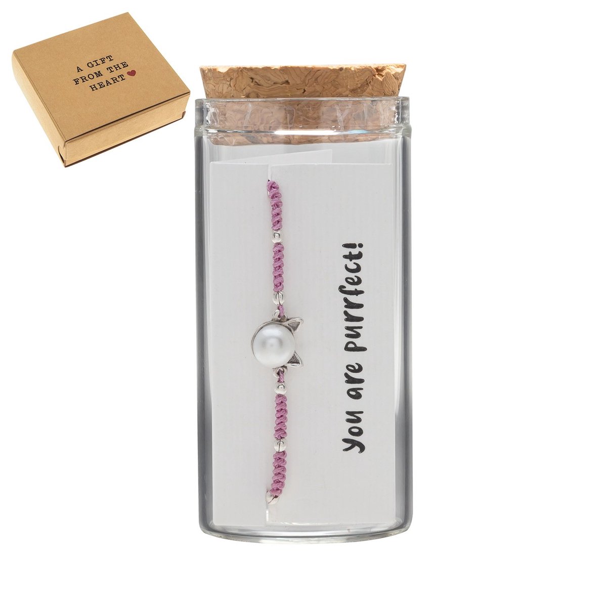- Gift box, armband in flesje, parel met kattenoortjes en roze stof