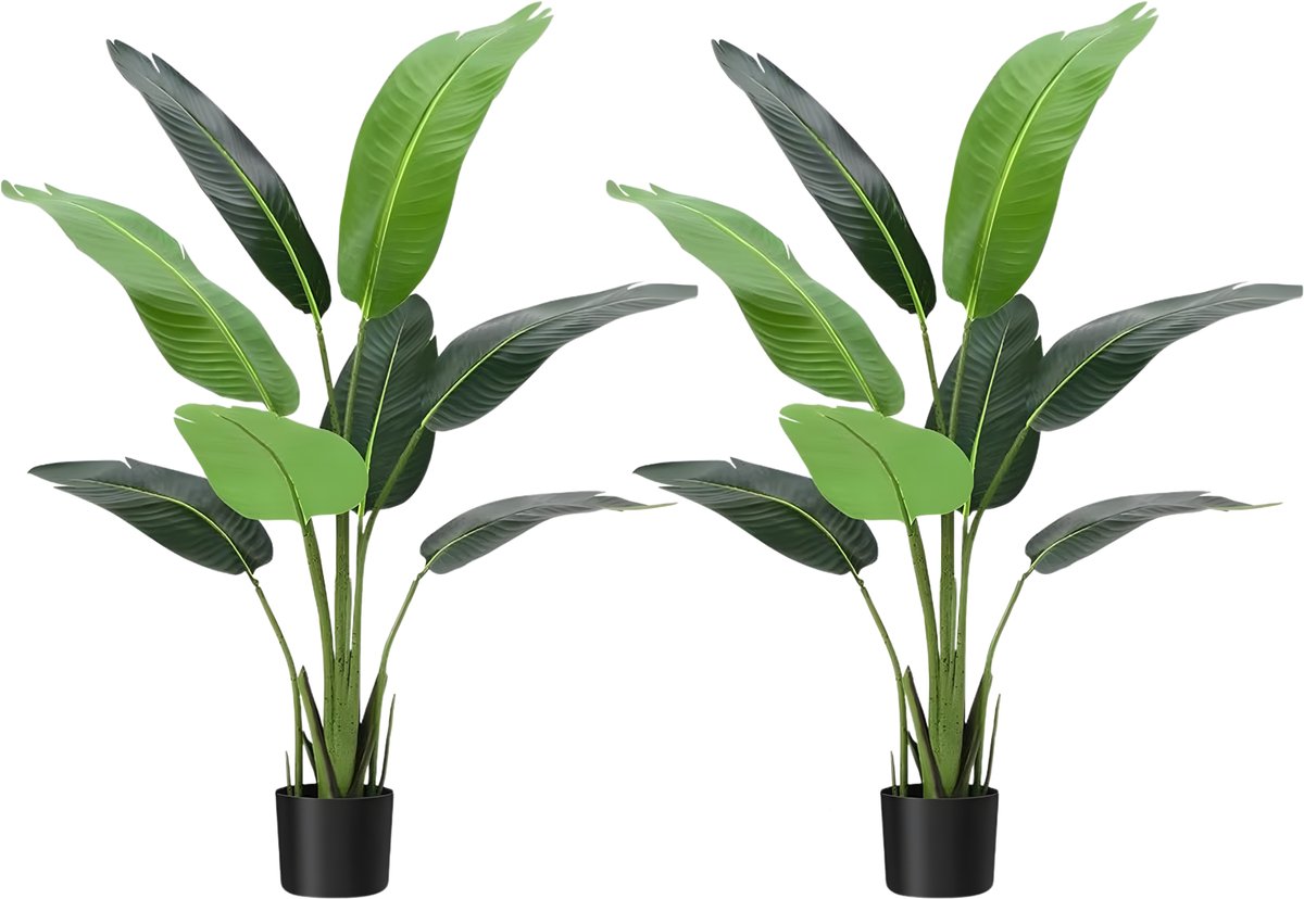 Happiq Kunstmatige Paradijsvogel Boom - Voor Thuis, Binnen, Buiten & Kantoor - Tropische Faux Bananenblad Plant - 2 Stuks, 120 cm, In Pot - Maat: 120cm groen