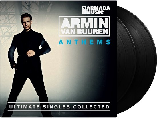 Armin van Buuren Anthems, Ultimate Singles Collected albumhoes met Armin van Buuren in zwart pak, met twee zwarte vinylplaten ernaast.