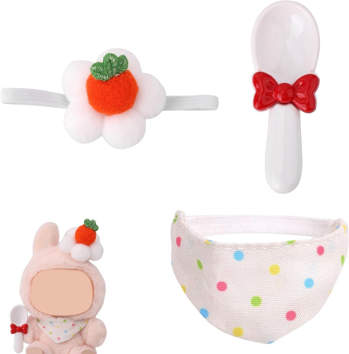Schattige 3-delige Kledingset voor Poppen, Rood en Wit Pluche Outfit met Tomatenhoed, Lepel en Accessoires voor 15cm/17cm Poppen