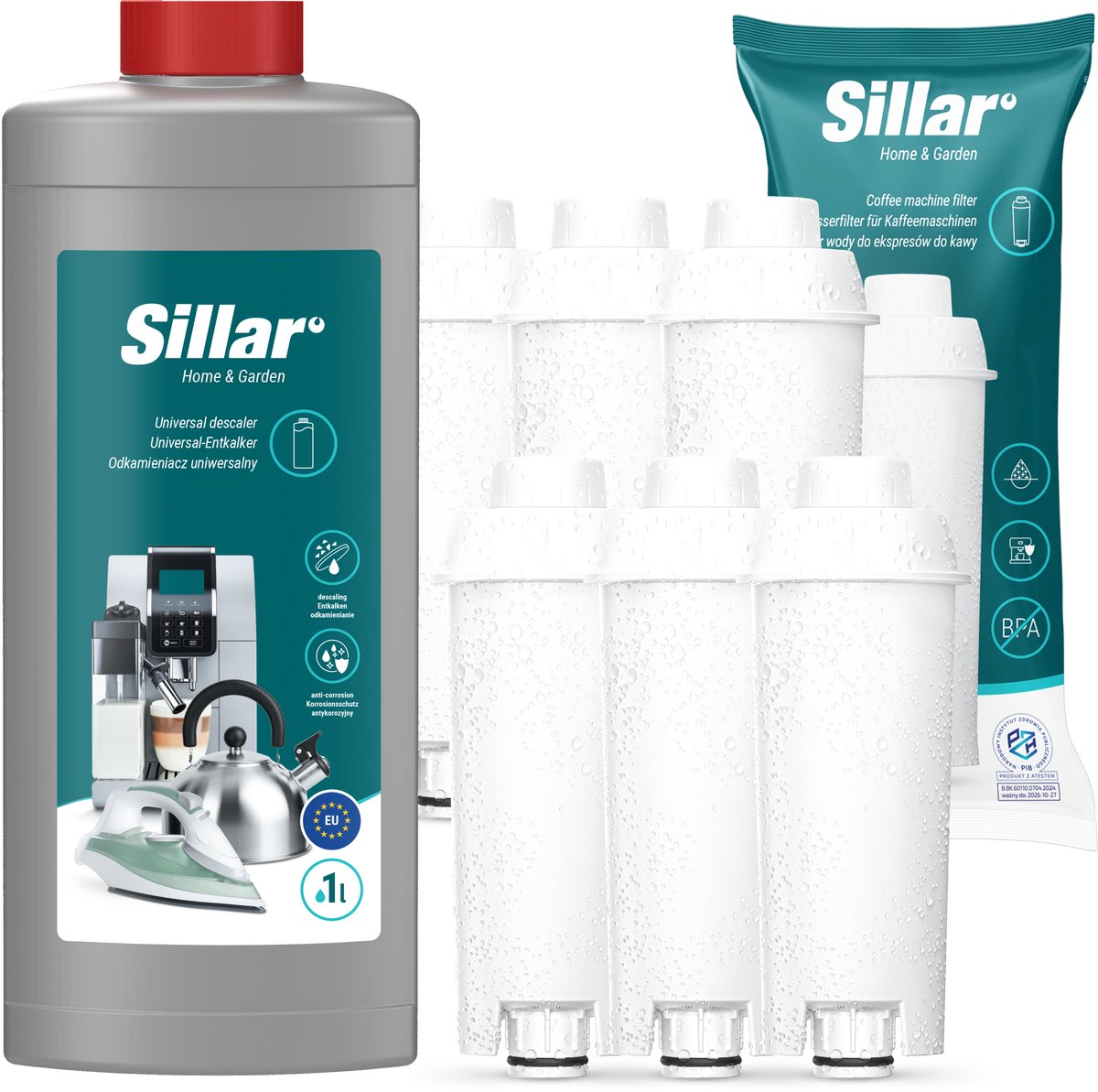 Sillar 6x Waterfilter, vervanging voor DLS C002 SER3017, compatibel met koffiezetapparaten DeLonghi Dinamica PrimaDonna, catridge + 1x Ontkalker 1L, koffiezetapparaat kit