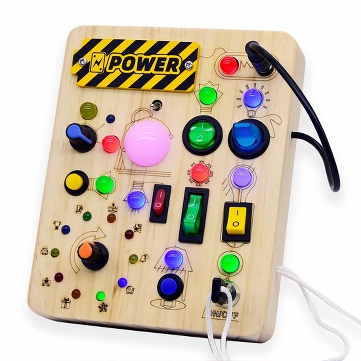 Houten Montessori Busy Board - LED Lichtschakelaar Speelgoed - Educatief Sensorisch Bord - Fijne Motoriek & Kleurherkenning - Cadeau voor Peuters 1-3 Jaar - Reisspeelgoed