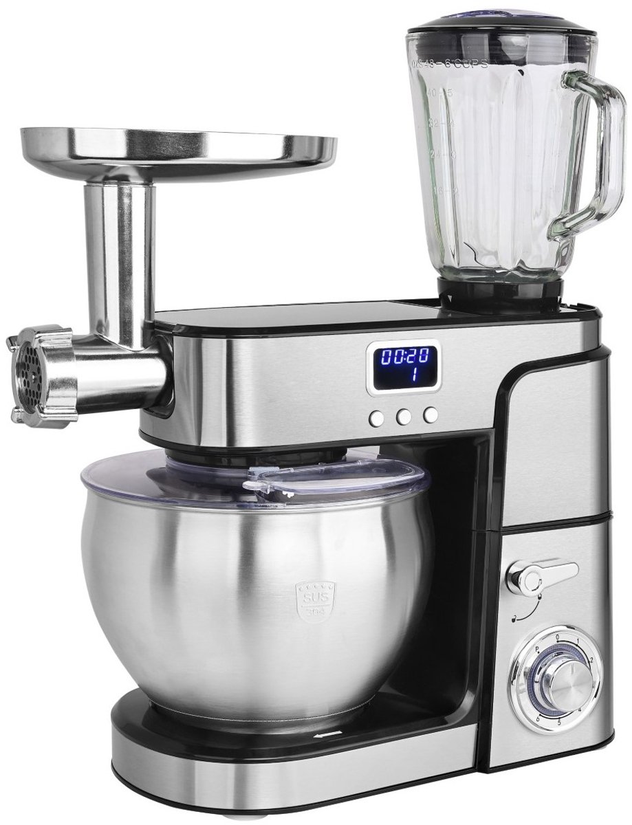 Swiss Haus® KM2207BG Keukenmachine - 1500W Keukenrobot – 7.0L RVS Mengkom – Met Blender 1.5L & Vleesmolen – Foodprocessor met Timer & LED Display – RVS — afbeelding 1