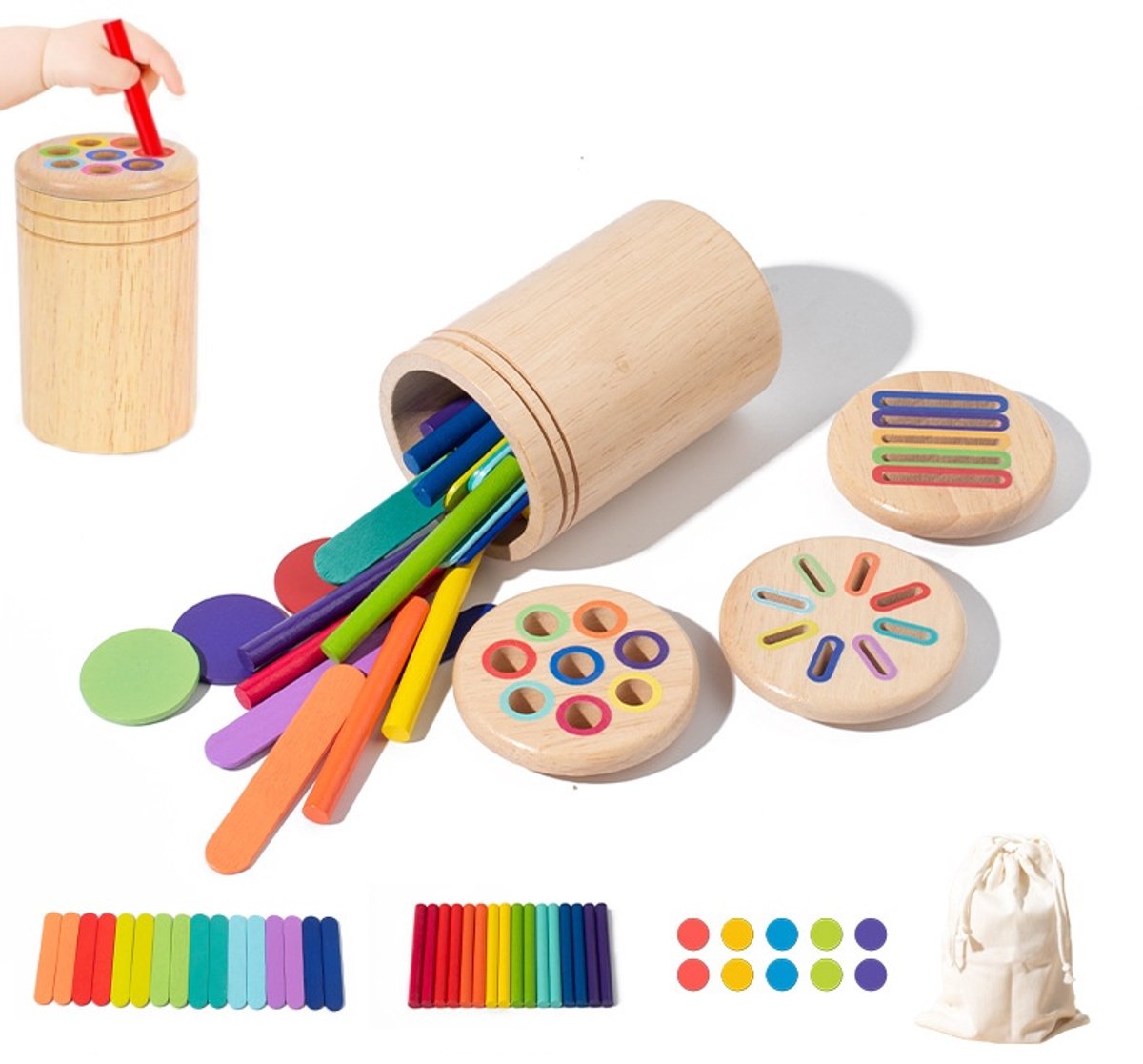 Montessori Houten Kleurensorteerspeelgoed voor Kinderen van 1+, 3-in-1 Educatief Speelgoed met Kleurrijke Stokjes en Schijven, Fijne Motoriek Speelgoed voor Peuters, Cadeau voor Jongens en Meisjes