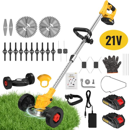CONENTOOL 5-in-1 Draadloze Accu Grastrimmer 21V 650W – Multifunctionele Tuinmaaier met Hulpwielen en Vervangbare Messen