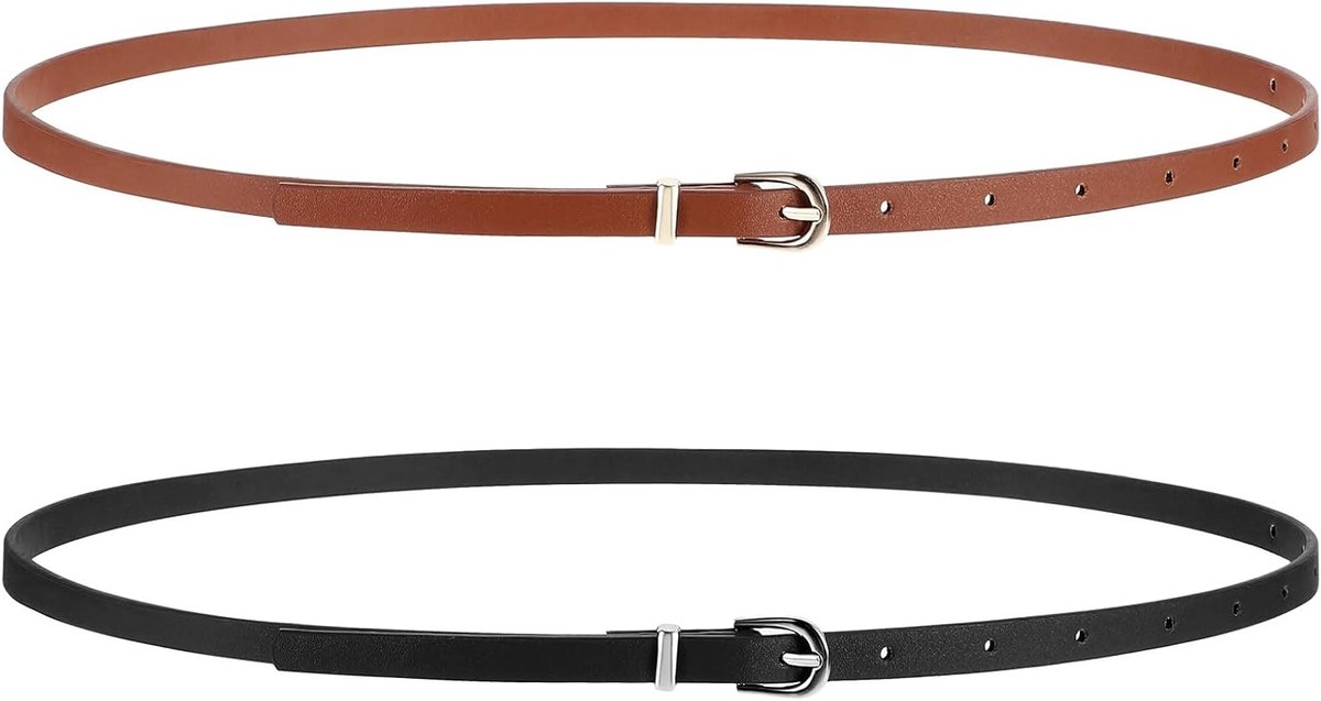 2-delige Verstelbare Leren Riem, Dames Skinny Taille Riem voor Jurk, Broeken en Jeans, Zwart en Khaki, 105 x 1 cm, Modieuze Accessoires voor Dames