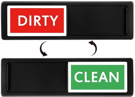 Een omkeerbare vaatwasserindicator met 'DIRTY' op rood en 'CLEAN' op groen.