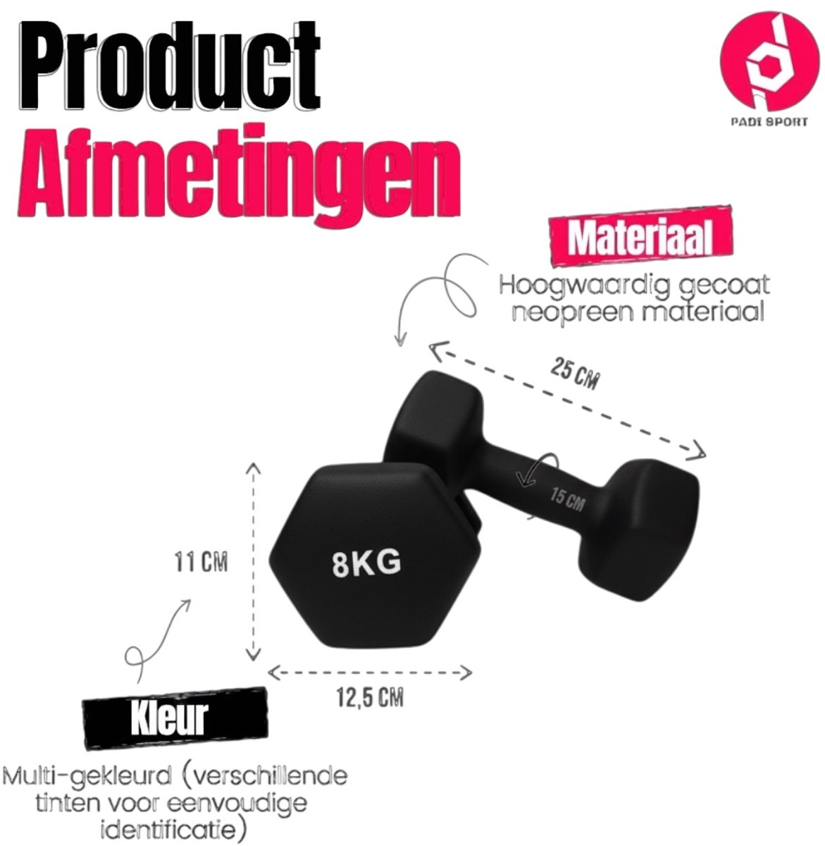 Padisport - Dumbells 8 Kg - Halter - Gewichten Set Halters - Gewichten 8 Kg - Zwarte - Gewichten - Dumbells - Halters - Gewichtjes 8 Kg – foto 2