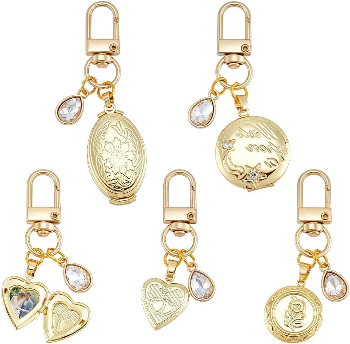 4 Stuks Sleutelhangers met Locket en Rhinestones voor Sleutels, Tassen en Portemonnees - Goudkleurige Aluminium Pendant met Draaisluiting