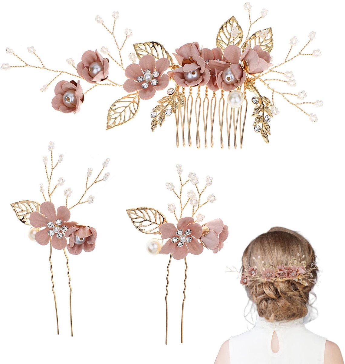 Store_7 - Bruids Haarspeld Kam - Bruidsaccessoires Set - Parel Haar Kam - Roze - Haarclips voor Bruiloft - Haarkam voor Bruid