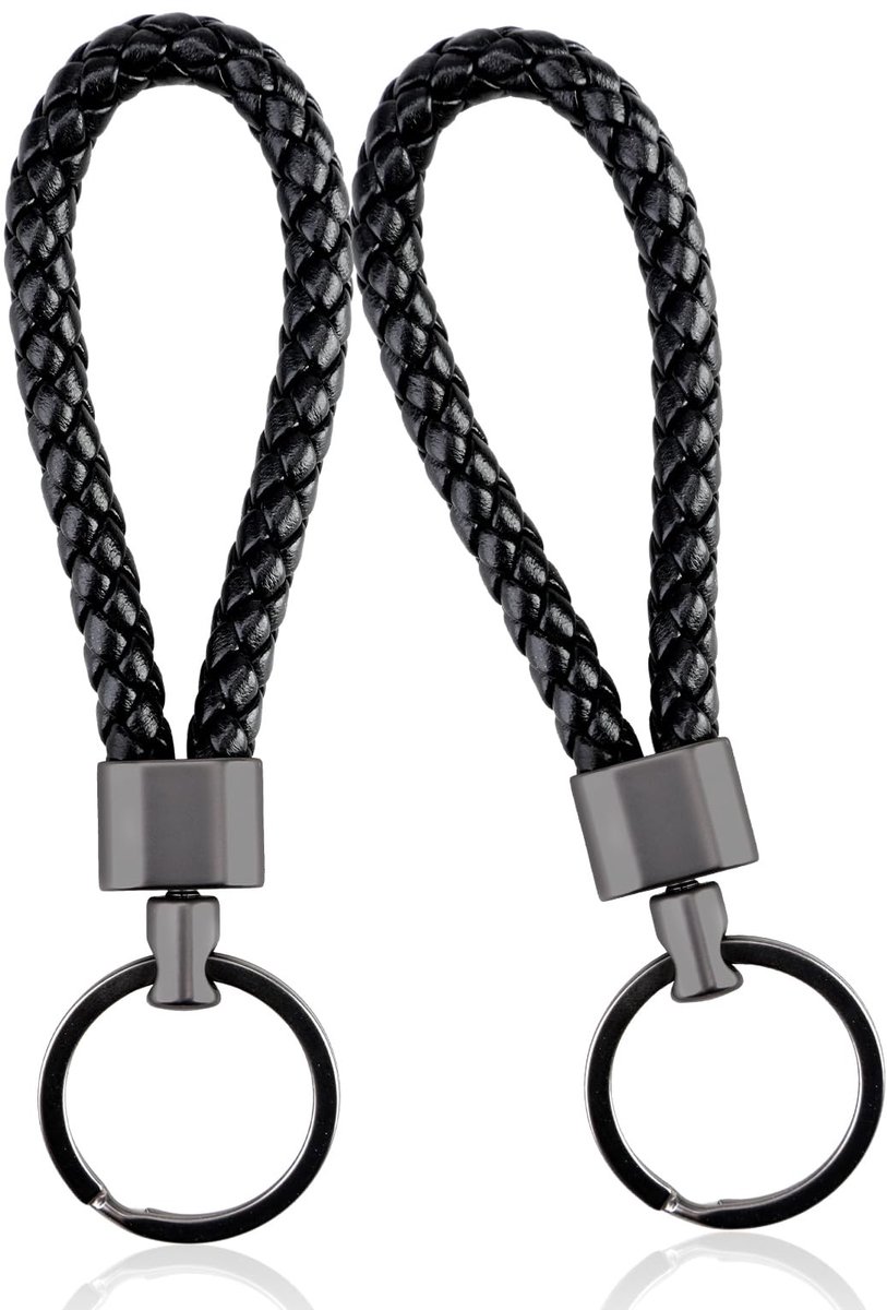 VT Goods - Sleutelhanger van gevlochten leer - Multifunctioneel - Handgeweven design - Zwart - Autosleutelhanger - 2 stuks - Geschikt voor dames en ..