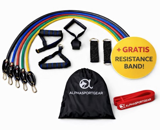AlphaSportGear® Weerstandsbanden Set 5-delig - Weerstandsbanden - 2 tot 50 kg - 120 cm Resistance Bands met Handvatten, Deuranker & Draagtas - Fitness Elastiek voor Pull-up, Crossfit & Calisthenics