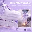 Paarse skeeler met duurzame ABS-bescherming en details van slijtage.