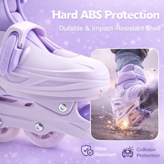 Paarse skeeler met duurzame ABS-bescherming en details van slijtage.