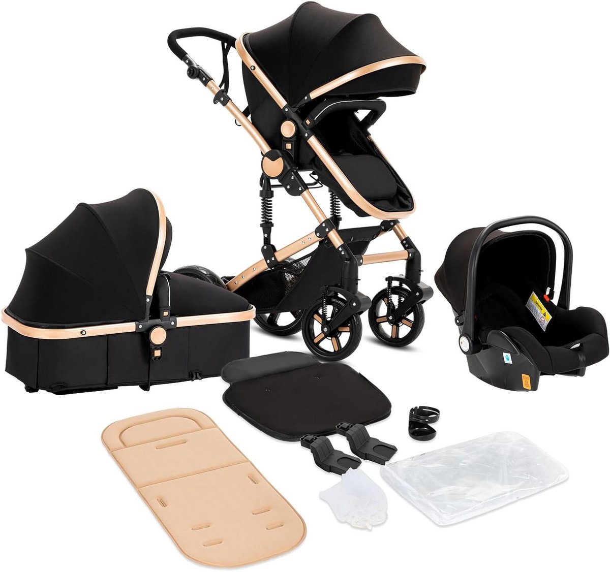 3-in-1 Kinderwagen - Combi Kinderwagen Baby - Veilig Vervoer Baby - SUV Schokbestendig Design - 13.5 Kilogram - Black Gold