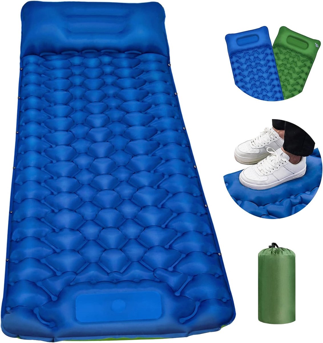 Camping Matras met Voetperspomp - Single - Opvouwbaar Matras - Vouwmatras - Camping Matje - Slaapmat - Logeer Matras - Luchtmatras - Kampeer Matras - Camping Bedje - Traagschuim - 195 x 68 x 10 cm - Blauw/Olijfgroen - van Imperatoris