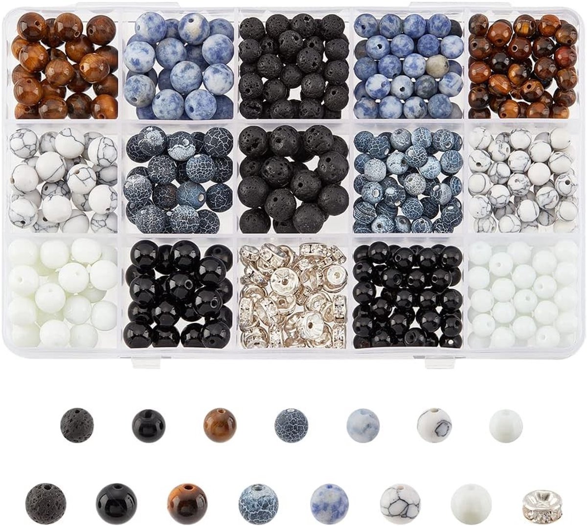 600Pcs Natuurlijke Steen Kralen Set, 6mm 8mm Gemstone Kralen met Rhinestone Spacer voor DIY Armbanden en Kettingen Maken