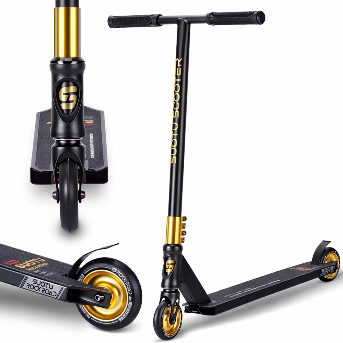 Suotu Stuntstep - Step - Kinderstep - Speelgoed Jongens/Meisjes - Maximale stuurhoogte: 78 cm - Aluminium - Zwart/Goud