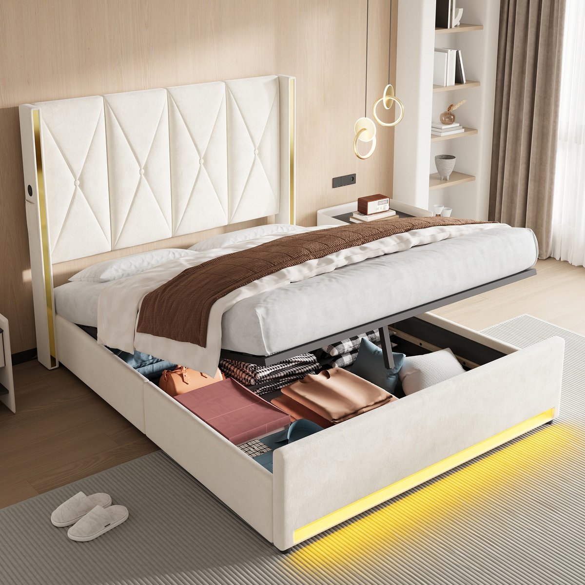 Sweiko Tweepersoonsbed - 160 × 200 cm - Hoog hoofdeinde - Velvet - USB-aansluiting - LED-verlichting - Opbergruimte - Beige