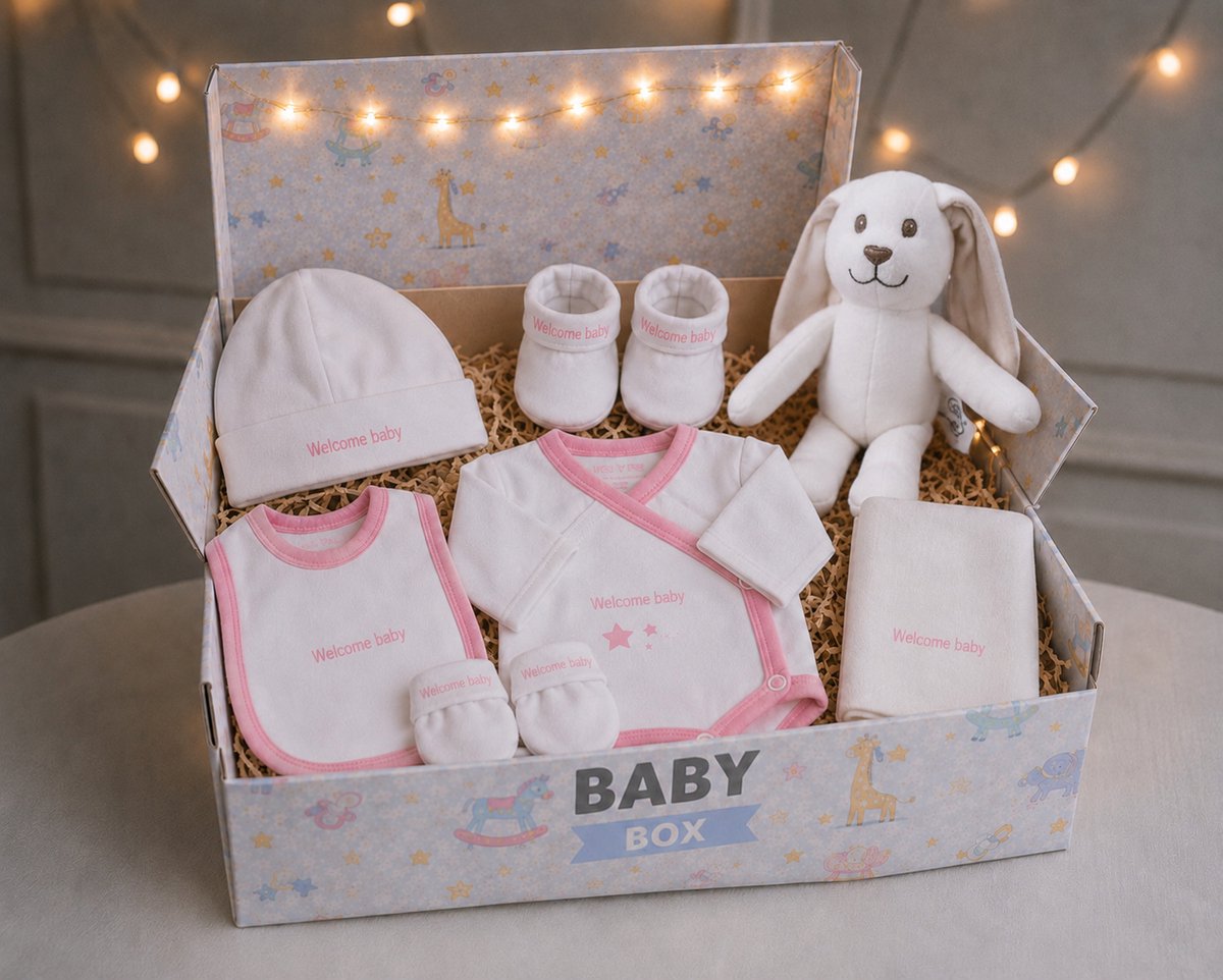 Blijeitje - Kraamcadeau meisje - Luxe 7-delige babycadeauset - Met Roze Mutsje, Krabwantjes, Slofjes, Overslagromper, Spuugdoekje, Slabbetje & Knuffel konijn - Welkomdesign
