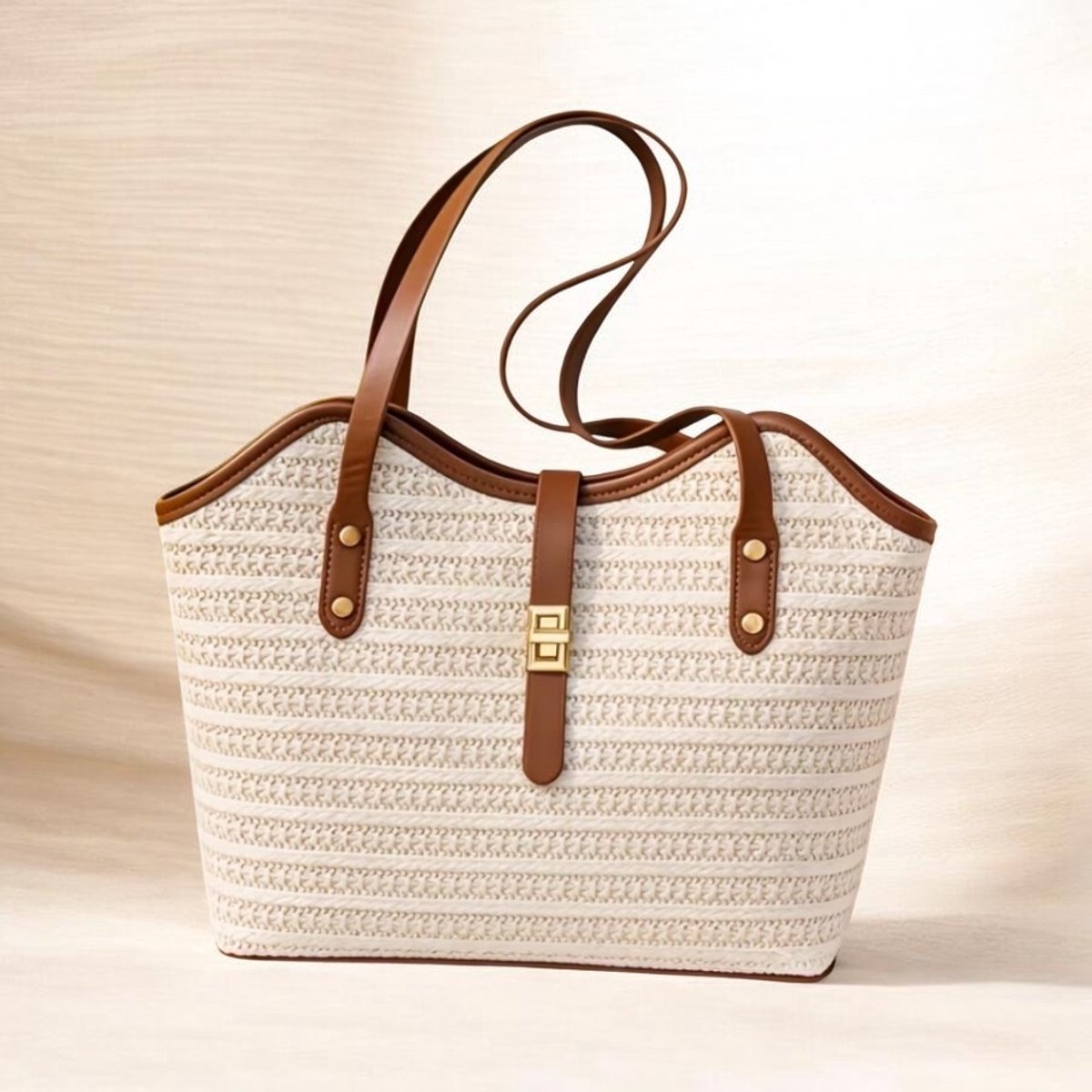 Twenty Two Schoudertas voor dames | stro geweven tas | met ritssluiting | casual stijl | Tote Bag | reistas | 38x28cm | beige/bruin