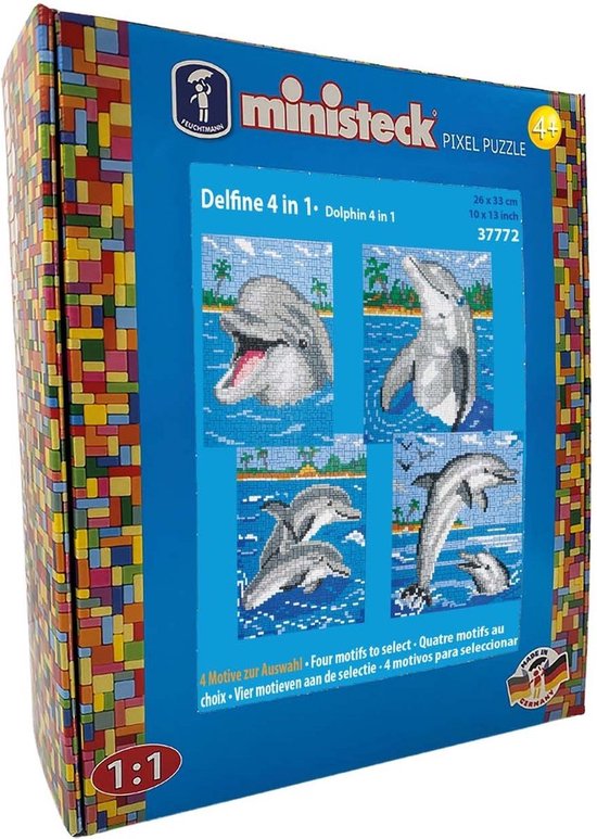 Feuchtmann ministeck Pixel Puzzel: Delfine 4 in 1. Vier motieven met dolfijnen in de zee op de doos.