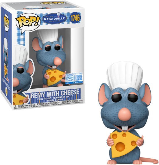 Funko Pop! Remy avec fromage, montrant un rat bleu dans un bonnet de chef tenant du fromage.