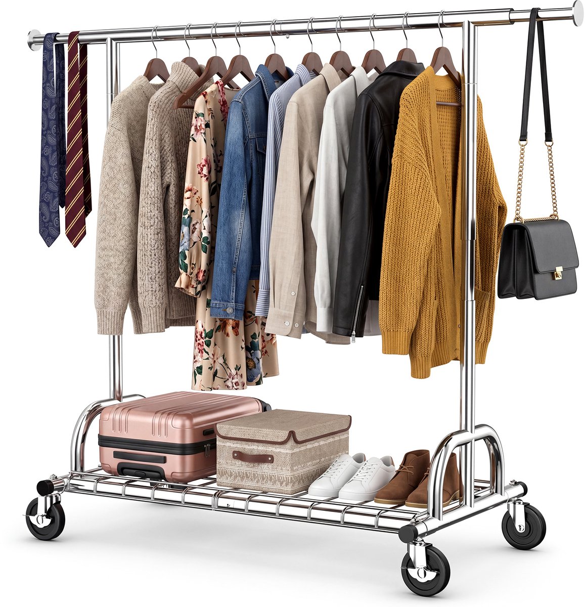 HOKEEPER Zwaar Kledingrek met Planken op Wielen – Verchroomd staal, Uitschuifbaar 129-189 cm, Hoogte verstelbaar 167-180 cm, 238 kg draagvermogen, 4 wielen met rem, Industrieel design