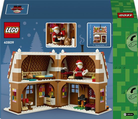 LEGO Kerst Peperkoekhuis 40809, achterkant, met interieur en kerstman. Afmetingen 19.3cm x 11.6cm.