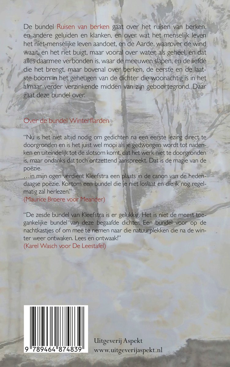 Boekcover met tekst 'Ruisen van berken' en barcode.