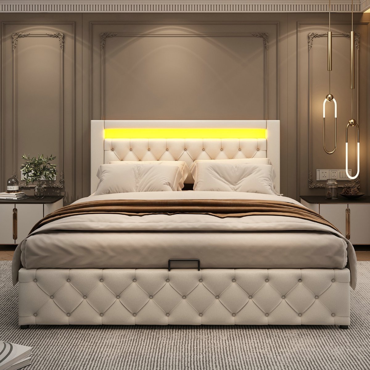 VVBV Bed met opbergruimte 140x200 / Gestoffeerd bed 140x200 / Tweepersoonsbed 140x200 – met LED-Verlichting, Lattenbodem – Wit, Gestoffeerd Tweepersoonsbed