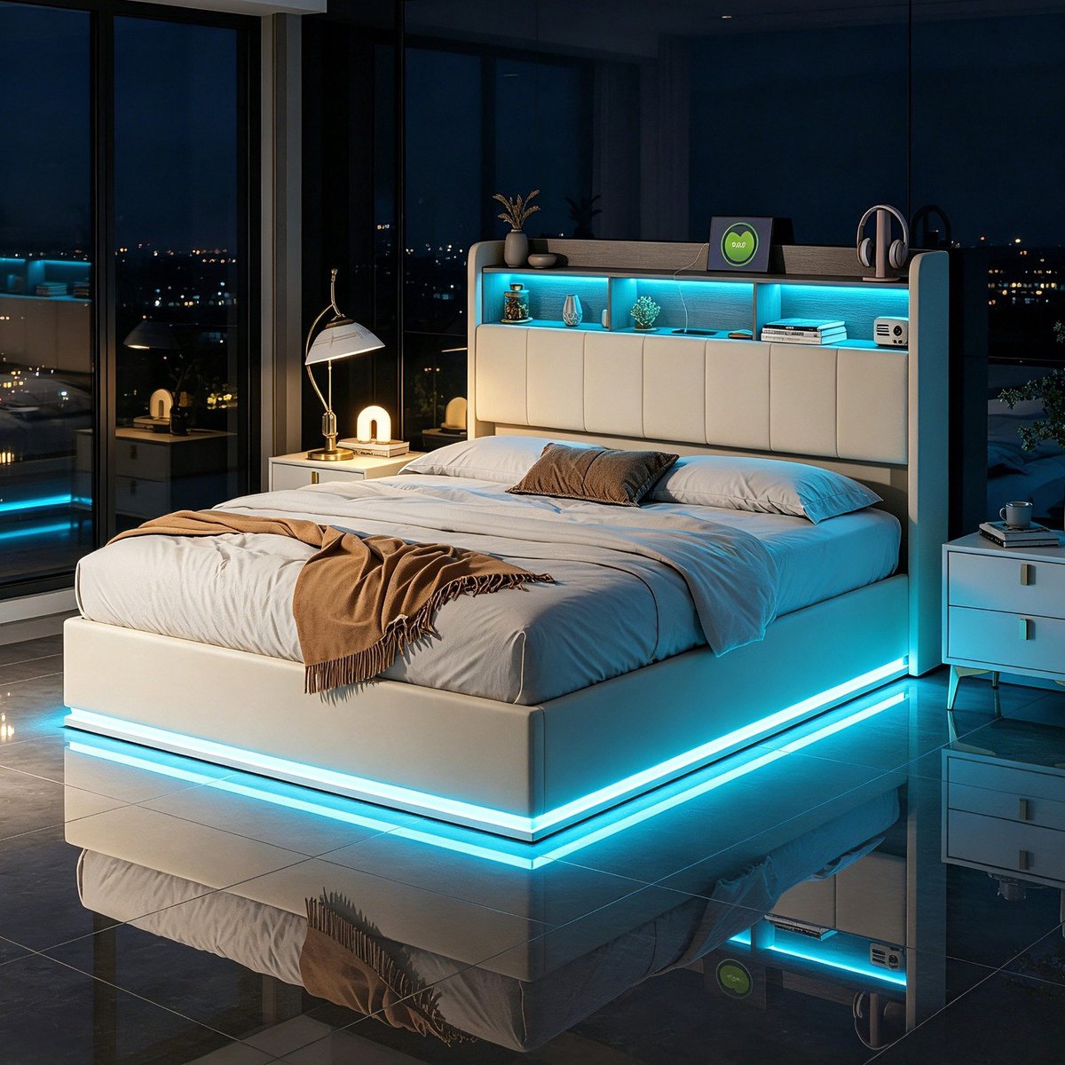 SHOPENTRA Hydraulisch Tweepersoons Opbergbed 160x200 cm Wit Fluweel met LED, USB en Bedhoofdopslag