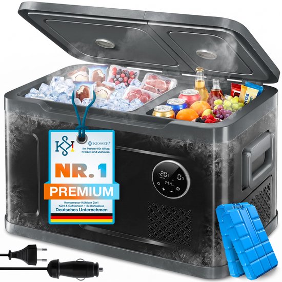 KESSER® Compressor Koelbox 2in1 Dubbele Zone Koeler & Vriezer, Elektrische Vriesbox LED Touch Control 12/24 V 230V, Frigobox Koelen tot -20 °C voor Auto, Vrachtwagen, Kamperen - 40 Liter, Zwart / Antraciet van KESSER — afbeelding 5