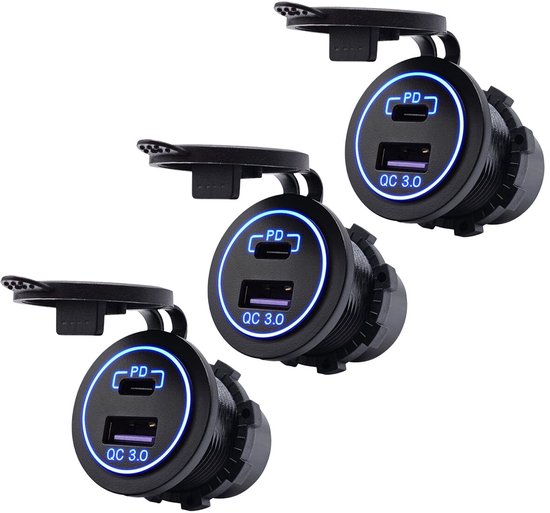 ProRide 12V USB-C Wandcontactdoos Inbouw - USB-A en USB-C - 2 Poorten - QC3.0 - Blauw - Voor Auto Boot en Camper - 3 stuks