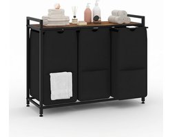 Wasmand 3 vakken, 145L wassorteerder, verrijdbare waswagen – voor wasruimte, slaapkamer, badkamer – zwart