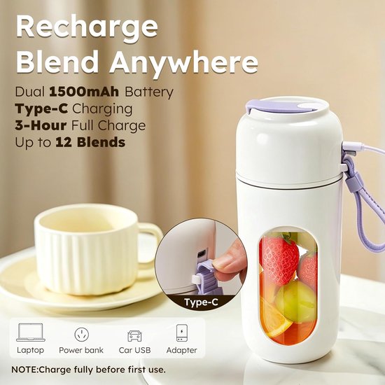 Draagbare mixer voor shakes en smoothies, 340 ml minimixer met 12 roestvrijstalen messen, draadloos en Type-C oplaadbaar, geschikt voor thuis, kantoor, buiten, sport en reizen (Violet) — afbeelding 2