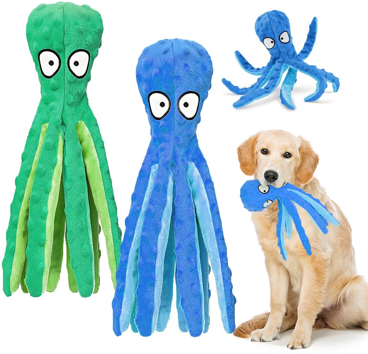 Dailygoods - Dailygoody - Piepende octopus hondenspeelgoed - Pluche speelgoed - Zacht en veilig - Blauw en groen - Kauwspeelgoed voor honden - Geschikt voor middel
