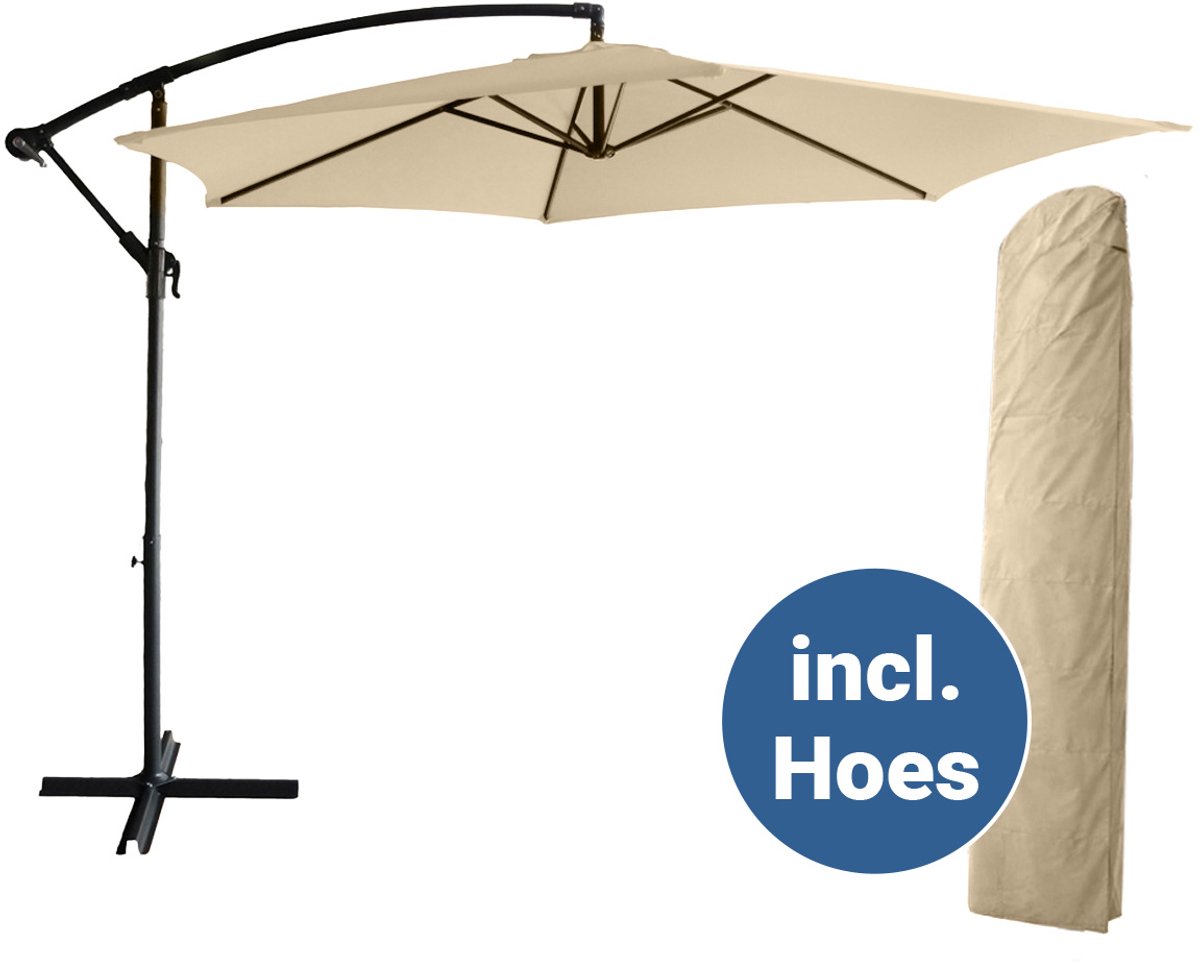 Bol.com BluMill Zweefparasol Met Voet en Beschermhoes - Ø 300 cm - Waterdicht - Kantelbaar - Verstelbare Hoogte - Taupe - Beige aanbieding