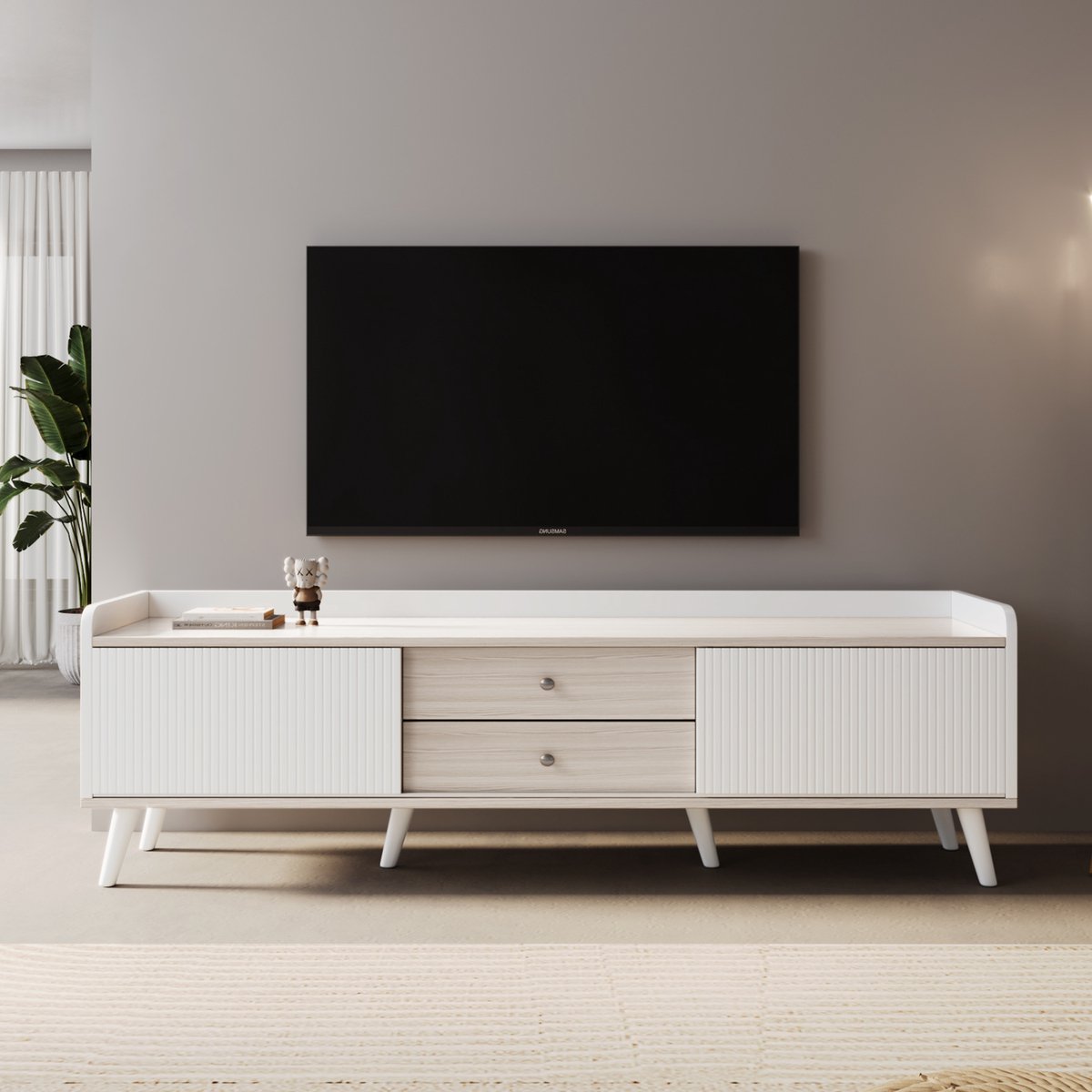 Minimalistisch TV-meubel - Opengewerkt ontwerp van natuurlijk hout - Geschikt voor tv's to