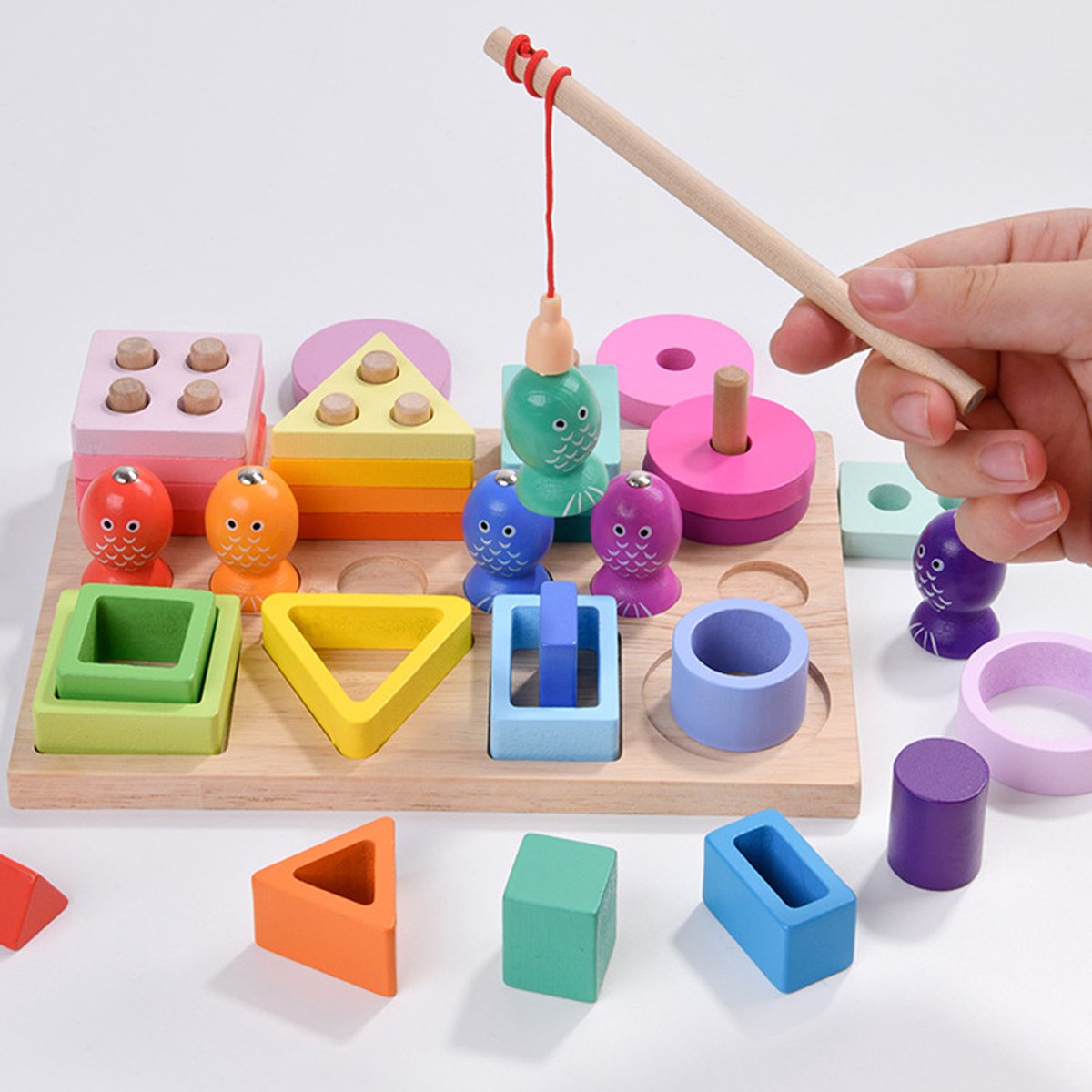 Montessori speelgoed vanaf 1 jaar - Houten stapel speelgoed - 3-in-1 kleurherkenning, vormen sorteren en visspel - Educatief cadeau voor 1 2 3 jaar peuters