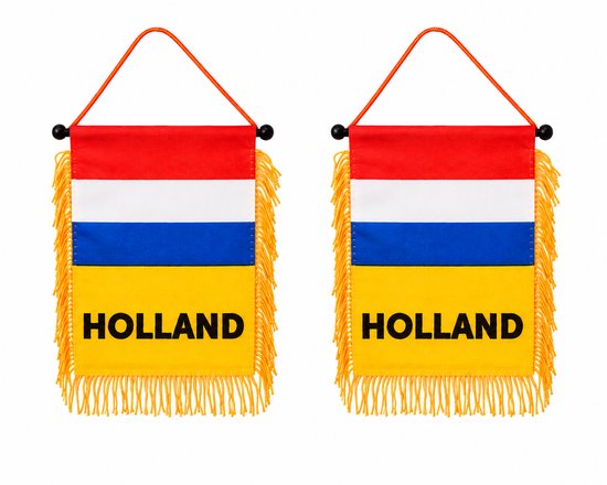 Set van twee Nederlandse vlaggetjes met franjes en het woord 'HOLLAND' in zwarte letters.
