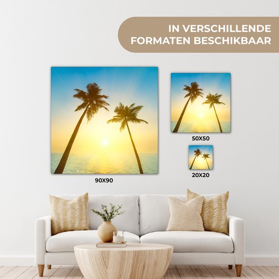 Canvas schilderij 50x50 cm - Wanddecoratie Strand - Zonsondergang - Palmbomen - Muurdecoratie woonkamer - Slaapkamer decoratie - Kamer accessoires - Schilderijen op canvas
