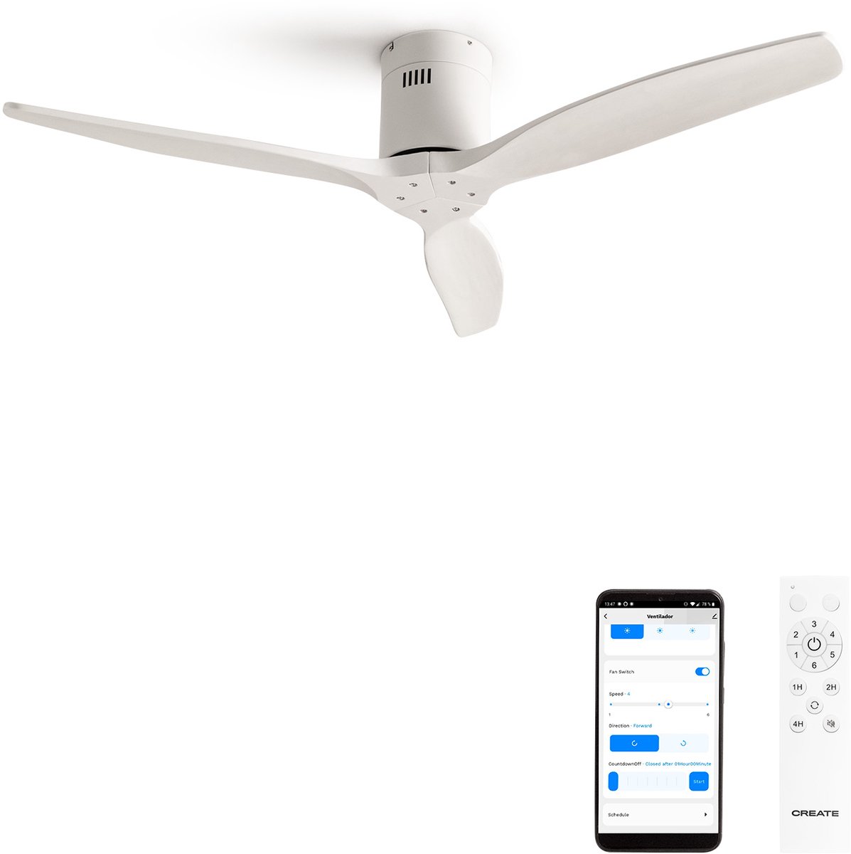 Bol.com CREATE - Plafondventilator 40W silent Ø132 cm - Met Wifi - Met Afstandsbediening - 6 Snelheden - Timer - Zomer/Winter fu... aanbieding