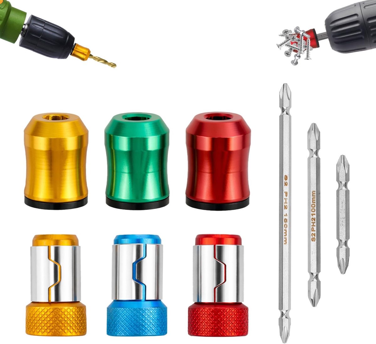 Dailygoods - Set van 6 Magnetische Schroefringen met 3 Schroevendraaierbits