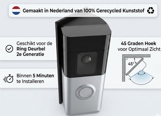 Hoekbeugel 45 Graden geschikt voor Ring Video Deurbel (2e Generatie) - Montagebeugel - 100% Recycled Kunststof - Zwart — afbeelding 2