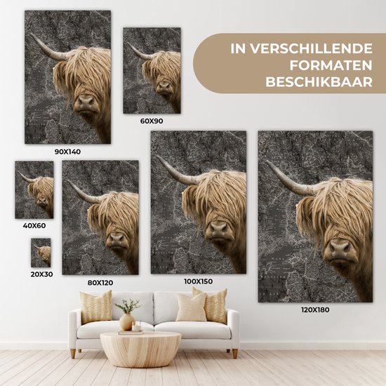 Décoration murale - Highlander écossais - Vaches - Carte du Wereldkaart - Peinture sur toile - 120x180 cm