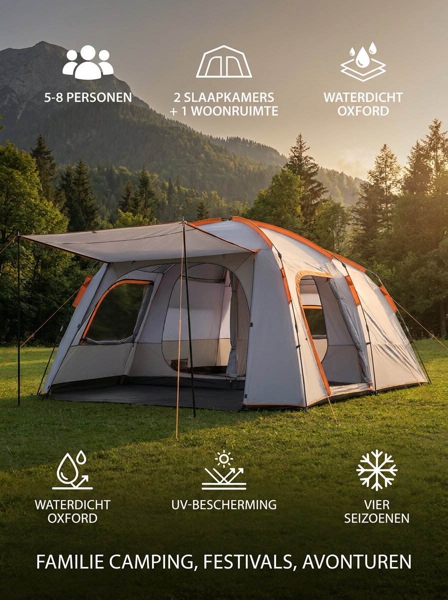 Grote Familietent 8 Personen – Luxe Tunnel Tent met 2 Slaapkamers & Woonruimte – Waterdichte Camping Tent voor Familie & Outdoor Kamperen – foto 7