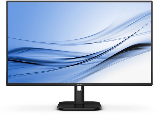 Zwarte Philips monitor met abstract blauw patroon op het scherm en een verstelbare standaard.