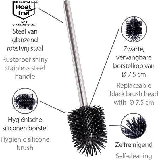 Toiletborstel met glanzende roestvrijstalen steel. Zwarte, vervangbare siliconen borstelkop van 7,5cm.