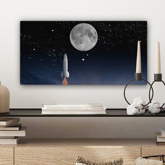 Tableau sur toile Un dessin de la navette spatiale et de la pleine lune - 40x20 cm - Décoration murale Art